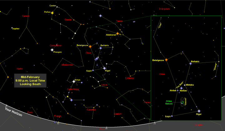 Night Sky Map For February 2024 Orion The Hunter Almanac Com   Skymap Febuary Full Width 